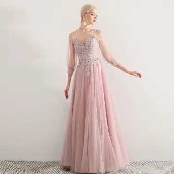 Élégant Rougissant Rose Robe De Bal 2019 Princesse Bretelles Spaghetti Appliques En Dentelle Fleur Perlage 3 4 Manches Dos Nu Longue Robe De Ceremonie
