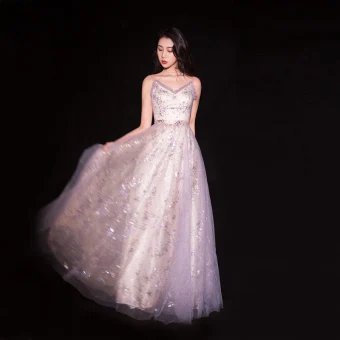 Charming Lavender Evening Dresses 2019 A Line Princess Glitter Star Sequins Spaghetti Straps Sleeveless Backless Floor Length Long Formal Dresses