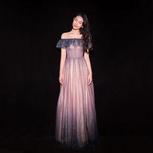 Scintillantes Dégradé De Couleur Rougissant Rose Robe De Soirée 2019 Princesse De L 039 Épaule Glitter Paillettes Manches Courtes Dos Nu Longue Robe De Ceremonie