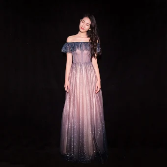 Scintillantes Dégradé De Couleur Rougissant Rose Robe De Soirée 2019 Princesse De L 039 Épaule Glitter Paillettes Manches Courtes Dos Nu Longue Robe De Ceremonie