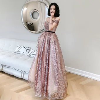 Sexy Rougissant Rose Paillettes Perle Robe De Bal 2021 Princesse De L 039 Épaule Dos Nu Manches Courtes Longue Robe De Ceremonie