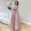 Sexy Blushing Pink Sequins Pearl Prom Dresses 2021 A-Line / Princess Off-The-Shoulder Backless Short Sleeve Floor-Length / Long Formal Dresses