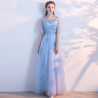 Chic Belle Bleu Ciel Robe De Soirée 2018 Princesse En Dentelle Papillon Encolure Dégagée Dos Nu Manches Courtes Longue Robe De Ceremonie