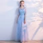 Chic / Beautiful Sky Blue Evening Dresses  2018 A-Line / Princess Lace Butterfly Scoop Neck Backless Short Sleeve Floor-Length / Long Formal Dresses