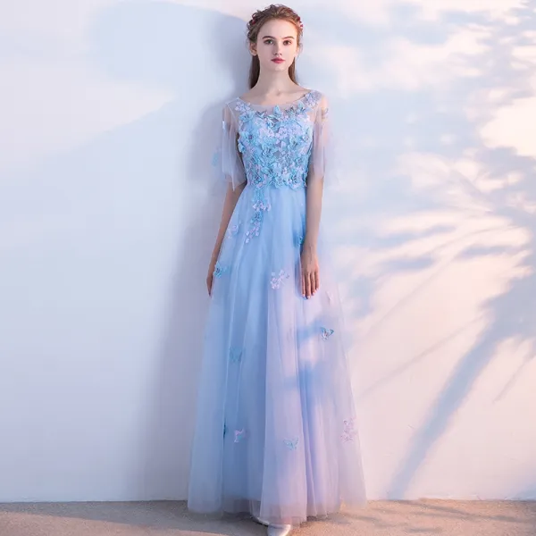 Chic / Beautiful Sky Blue Evening Dresses  2018 A-Line / Princess Lace Butterfly Scoop Neck Backless Short Sleeve Floor-Length / Long Formal Dresses