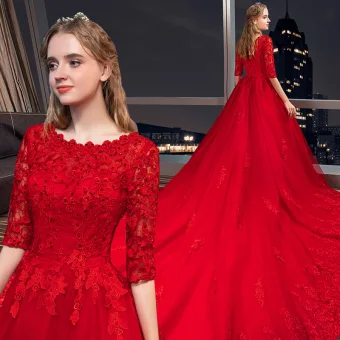 Chic Beautiful Red Wedding Dresses 2019 A Line Princess Scoop Neck Beading Crystal Lace Flower 1 2 Sleeves Royal Train