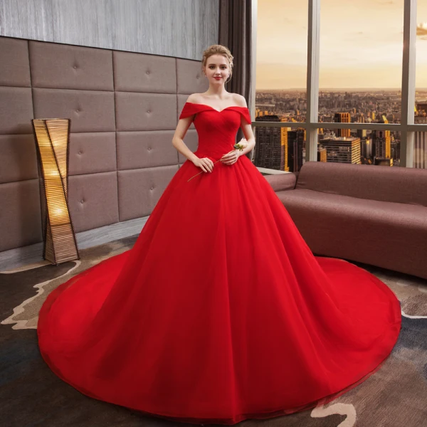 Modest / Simple Solid Color Red Wedding Dresses 2019 A-Line / Princess Off-The-Shoulder Short Sleeve Backless Royal Train