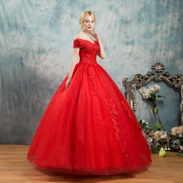red elegant wedding dresses Elegant Beautiful Unique Puffy Red Wedding Dresses with V-Neck Bright Red / 14 main image 0