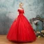 Elegant Red Wedding Dresses 2019 Ball Gown Off-The-Shoulder Beading Crystal Flower Lace Short Sleeve Backless Floor-Length / Long