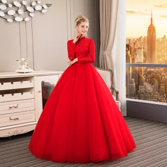 Style Chinois Musulmane Rouge Robe De Mariée 2019 Robe Boule Col Haut Boutons Noeud En Dentelle Fleur Paillettes 3 4 Manches Longue