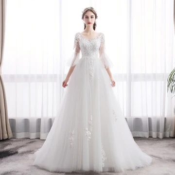 Élégant Ivoire Robe De Mariée 2019 Princesse V Cou En Dentelle Fleur Manches De Cloche Dos Nu Train De Balayage