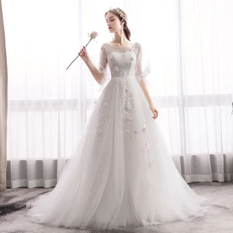 Elegant Ivory Wedding Dresses 2019 A Line Princess Scoop Neck Appliques Lace Flower Bell Sleeves Backless Sweep Train