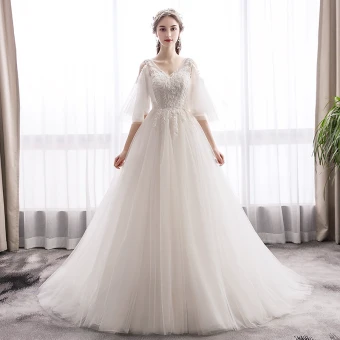 Elegant Ivory Wedding Dresses 2019 A Line Princess V Neck Lace Flower 1 2 Sleeves Backless Sweep Train