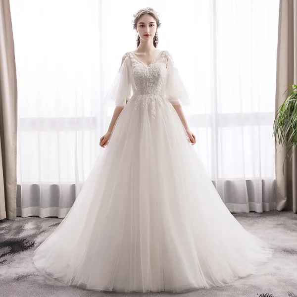 Elegant Ivory Wedding Dresses 2019 A-Line / Princess V-Neck Lace Flower 1/2 Sleeves Backless Sweep Train