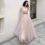 Charming Blushing Pink Pearl Prom Dresses 2021 A-Line / Princess Square Neckline Short Sleeve Backless Floor-Length / Long Formal Dresses