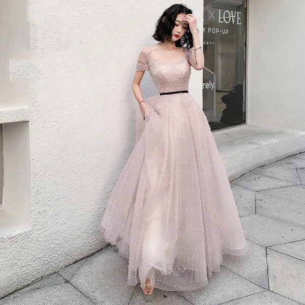Charming Blushing Pink Pearl Prom Dresses 2021 A-Line / Princess Square Neckline Short Sleeve Backless Floor-Length / Long Formal Dresses