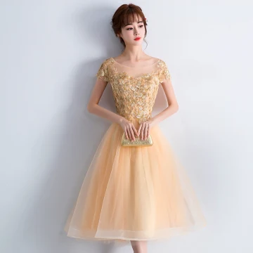 Chic Beautiful Champagne Homecoming Graduation Dresses 2018 A Line Princess Sequins Lace Flower Scoop Neck Short Sleeve Knee Length Formal Dresses