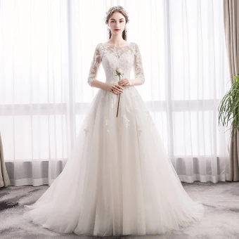 Elegant Ivory Wedding Dresses 2019 A Line Princess Scoop Neck Sequins Lace Flower 1 2 Sleeves Backless Sweep Train