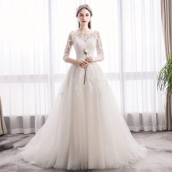 Elegant Ivory Wedding Dresses 2019 A-Line / Princess Scoop Neck Sequins Lace Flower 1/2 Sleeves Backless Sweep Train