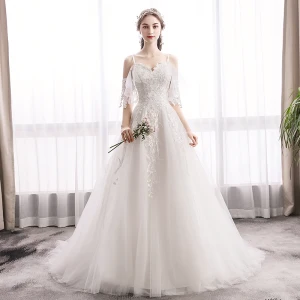 Chic Belle Ivoire Robe De Mariée 2019 Princesse Bretelles Spaghetti En Dentelle Fleur Manches Courtes Dos Nu Train De Balayage