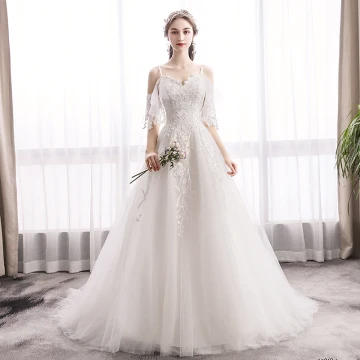 Chic Belle Ivoire Robe De Mariée 2019 Princesse Bretelles Spaghetti En Dentelle Fleur Manches Courtes Dos Nu Train De Balayage