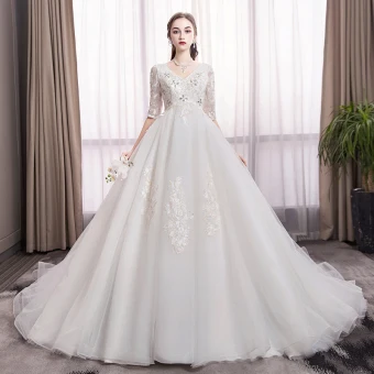 Elegant Ivory Pregnant Wedding Dresses 2019 Empire V Neck Crystal Sequins Lace Flower 1 2 Sleeves Backless Cathedral Train