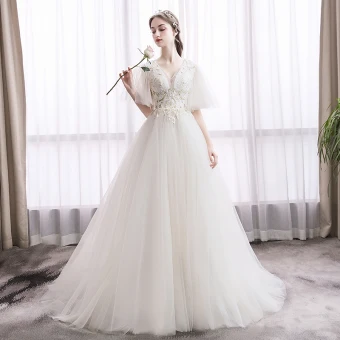 Elegant Ivory Wedding Dresses 2019 A Line Princess V Neck Lace Flower Short Sleeve Backless Court Train