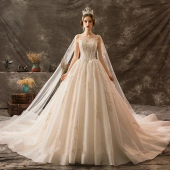 Luxury Gorgeous Champagne Wedding Dresses 2019 A Line Princess Scoop Neck Beading Crystal Lace Flower Sequins Sleeveless Backless Watteau Train Royal Train