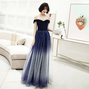 Charmant Dégradé De Couleur Bleu Marine Robe De Soirée 2019 Princesse De L 039 Épaule Daim Glitter Étoile Paillettes Sans Manches Dos Nu Longue Robe De Ceremonie