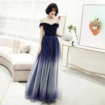 Charmant Dégradé De Couleur Bleu Marine Robe De Soirée 2019 Princesse De L 039 Épaule Daim Glitter Étoile Paillettes Sans Manches Dos Nu Longue Robe De Ceremonie