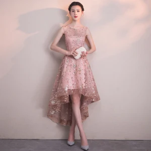 Chic Beautiful Blushing Pink Cocktail Dresses 2018 A Line Princess Sequins Scoop Neck Backless Sleeveless Asymmetrical Formal Dresses