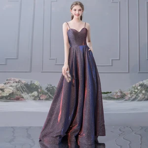 Charming Purple Evening Dresses 2019 A Line Princess Spaghetti Straps Glitter Polyester Sleeveless Backless Floor Length Long Formal Dresses