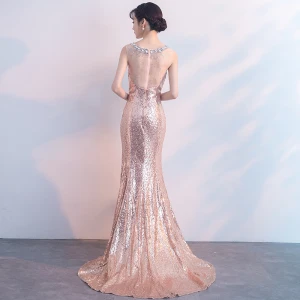 Scintillantes Perle Rose Robe De Soirée 2019 Trompette Sirène Encolure Dégagée Sans Manches Paillettes Cristal Faux Diamant Train De Balayage Robe De Ceremonie