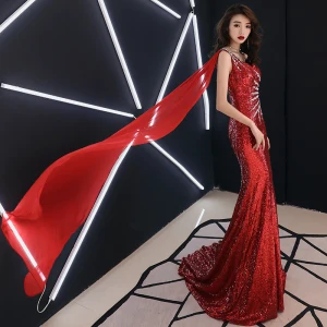 Sexy Red Evening Dresses 2019 Trumpet Mermaid One Shoulder Sequins Rhinestone Crystal Sleeveless Backless Sweep Train Formal Dresses