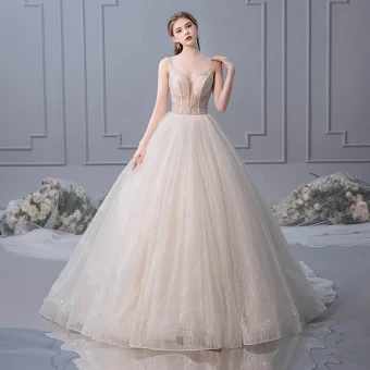 Elegant Champagne Wedding Dresses 2019 Ball Gown Spaghetti Straps Sleeveless Backless Cathedral Train