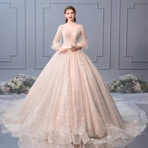 Luxe Champagne Trouwjurken 2019 Baljurk Ronde Hals Pailletten Kant Bloem 3 4 Mouwen Ruglooze Royal Train