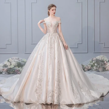 Luxe Champagne Robe De Mariée 2019 Robe Boule De L 039 Épaule Perlage Paillettes En Dentelle Fleur Manches Courtes Dos Nu Royal Train