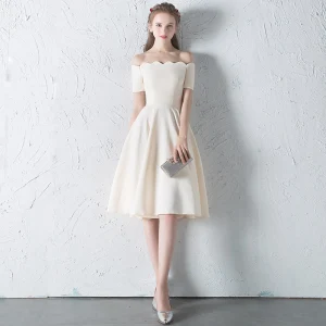 Modest Simple Champagne Homecoming Graduation Dresses 2018 A Line Princess Off The Shoulder Backless Sleeveless Knee Length Formal Dresses