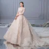 Elegant Champagne Wedding Dresses 2019 A-Line / Princess Scoop Neck Pearl Appliques Lace Flower Long Sleeve Backless Royal Train