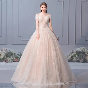 Elegant Champagne Wedding Dresses 2019 Ball Gown Off The Shoulder Beading Pearl Sequins Appliques Lace Flower Short Sleeve Backless Floor Length Long