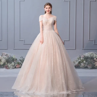 Elegante Champagne Trouwjurken 2019 Baljurk Uit De Schouder Kralen Parel Pailletten Appliques Kant Bloem Korte Mouwen Ruglooze Lange
