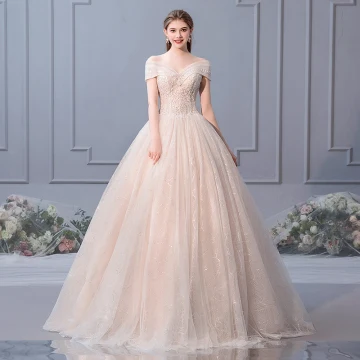 Elegante Champagne Trouwjurken 2019 Baljurk Uit De Schouder Kralen Parel Pailletten Appliques Kant Bloem Korte Mouwen Ruglooze Lange