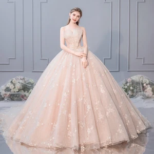 Lyx Champagne Bröllopsklänningar 2019 Balklänning Axelbandslös Rhinestone Pärla Spets Blomma Paljetter Ärmlös Halterneck Royal Train