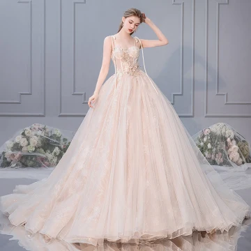 Eleganckie Szampan Suknie Ślubne 2019 Suknia Balowa Spaghetti Pasy Kokarda Frezowanie Rhinestone Perła Z Koronki Kwiat Aplikacje Bez Rękawów Bez Pleców Trenem Królewski