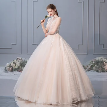 Chic Beautiful Champagne Wedding Dresses 2019 Ball Gown High Neck Beading Sequins Lace Flower Sleeveless Backless Pearl Floor Length Long