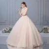 Chic / Beautiful Champagne Wedding Dresses 2019 Ball Gown High Neck Beading Sequins Lace Flower Sleeveless Backless Pearl Floor-Length / Long