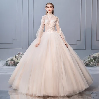 Elegante Champagne Trouwjurken 2019 Baljurk Hoge Kraag Kralen Pailletten Kant Bloem Lange Mouwen Ruglooze Lange