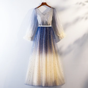 Chic Belle Bleu Marine Dégradé De Couleur Robe De Soirée 2019 Princesse V Cou Perlage Cristal Étoile Paillettes Ceinture Manches Longues Longue Robe De Ceremonie
