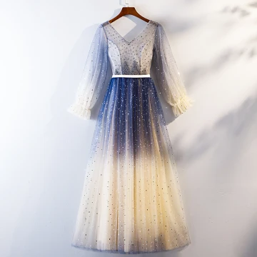 Chic Belle Bleu Marine Dégradé De Couleur Robe De Soirée 2019 Princesse V Cou Perlage Cristal Étoile Paillettes Ceinture Manches Longues Longue Robe De Ceremonie