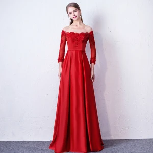 Chic Belle Rouge Robe De Soirée 2019 Princesse Encolure Dégagée Appliques Perlage En Dentelle Fleur 3 4 Manches Dos Nu Longue Robe De Ceremonie